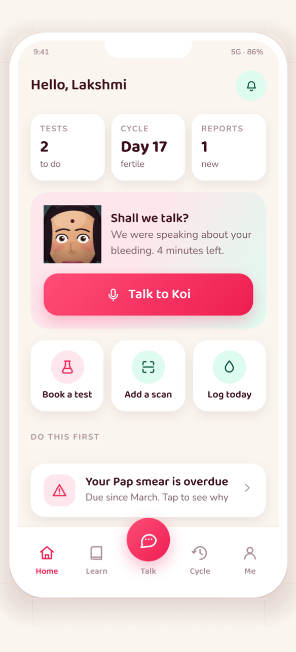 Koi home: tests to do, cycle day, and a button to talk to Koi.