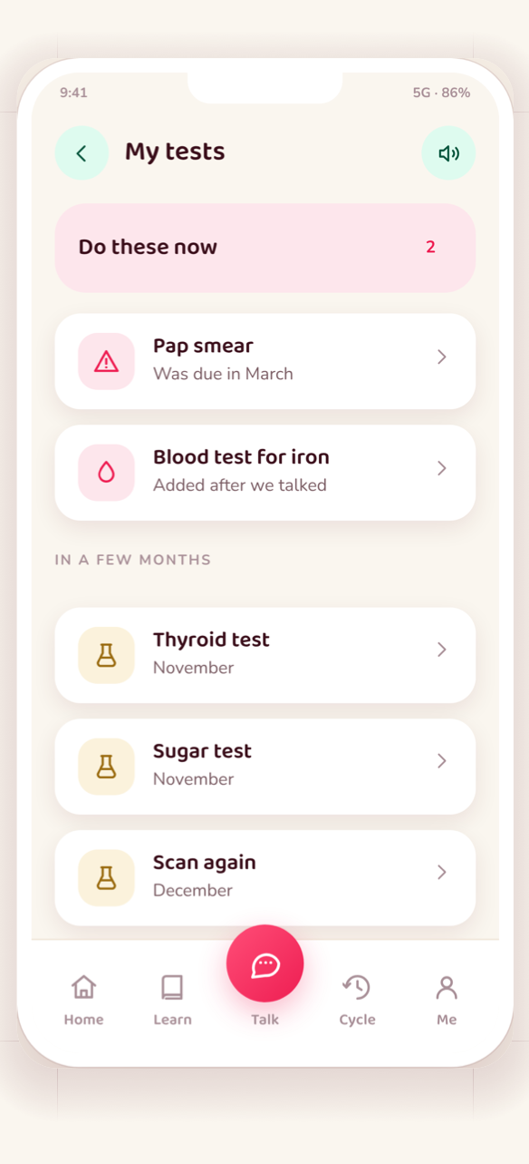 A test plan: Pap smear due in March, and a blood test for iron.